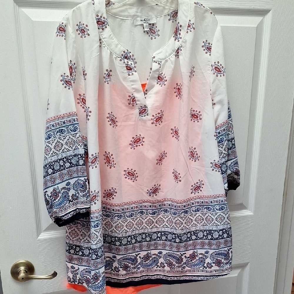 e Moa Moa White  Boxy Tunic with Mandarin Collar Size 2X
